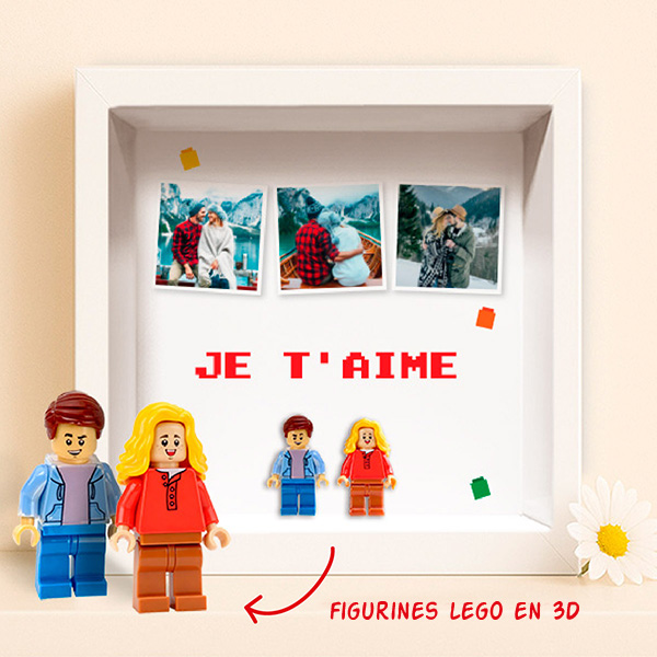 Tableau avec minifigurines Lego, 3 photos et texte personnalisé