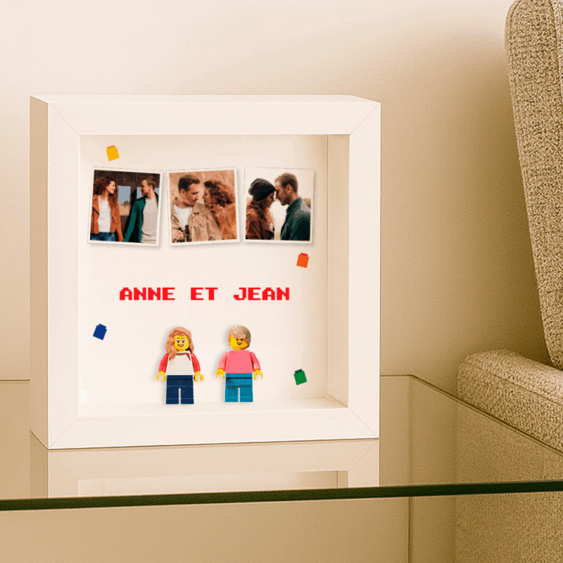Tableau avec minifigurines Lego, 3 photos et texte personnalisé