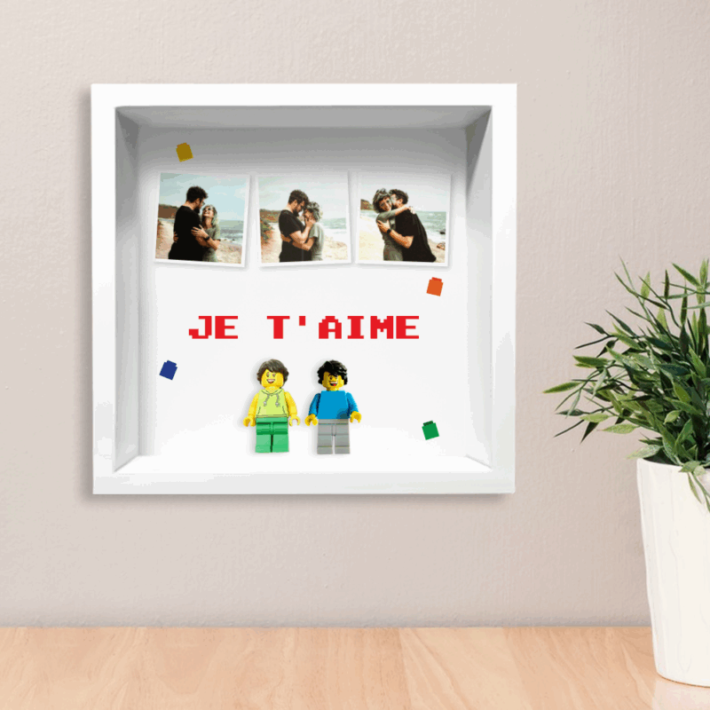 Tableau avec minifigurines Lego, 3 photos et texte personnalisé