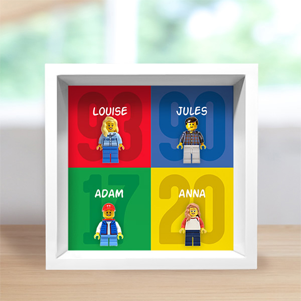 Tableau avec minifigurines Lego, années et noms personnalisés