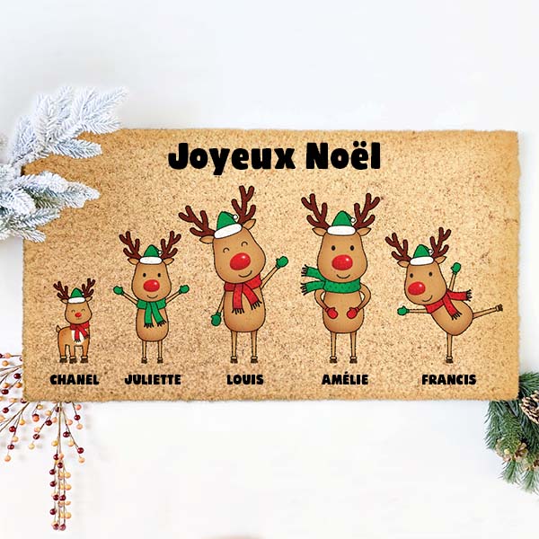 Paillasson de Noël Rennes avec Noms et Texte personnalisé