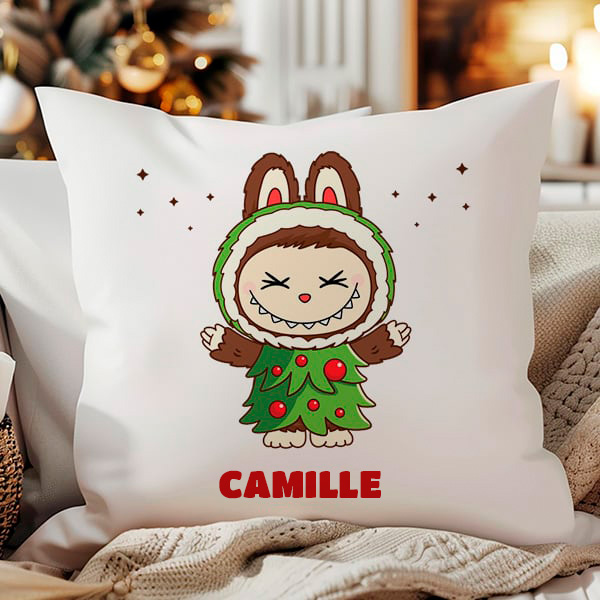 Coussin Labubu de Noël avec prénom personnalisé