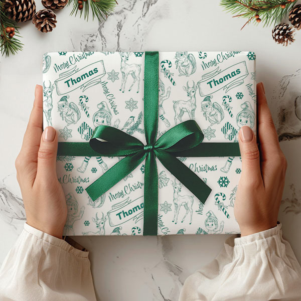 Papier Cadeau Motif de Noël avec Prénom Personnalisé