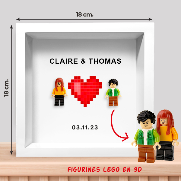 Cadre avec Minifigurines Lego, Cœur Central, Prénoms et Date Personnalisés