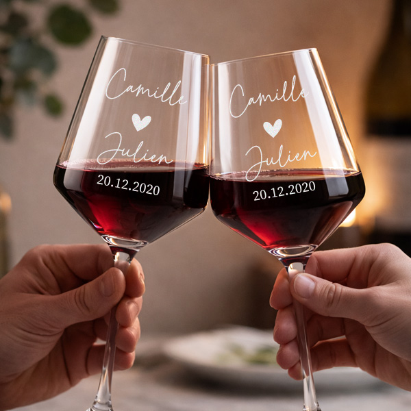 Lot de 2 verres personnalisés avec cœur, date et prénoms