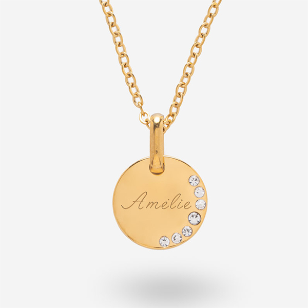 Collier rond avec brillants latéraux et texte personnalisé
