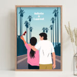 Affiche avec illustration de couple et palmiers personnalisée avec prénoms Vignette de Affiche avec illustration de couple et palmiers personnalisée avec prénoms