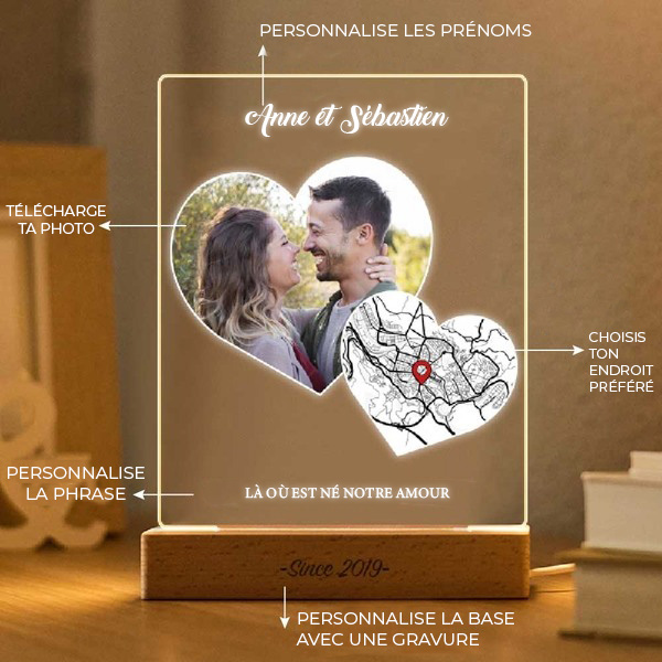 Lampe Cœurs personnalisée avec Carte de l’Amour et Photos