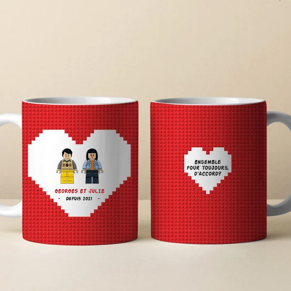 Mug Lego Cœur Rouge avec Noms et Texte personnalisé