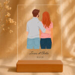 Vignette de Plaque ou Lampe avec Illustration de Couple de Dos avec Prénoms et Date Personnalisés