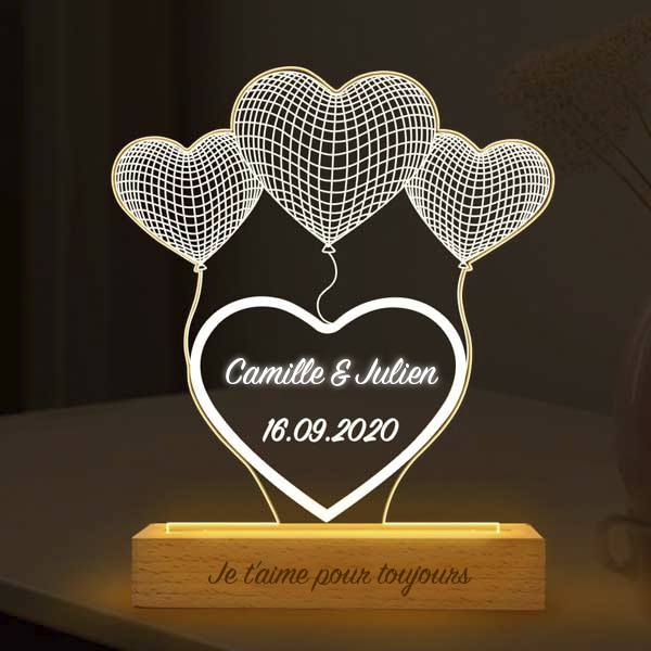 Lampe Cœur Ballons personnalisée avec Prénom et Date