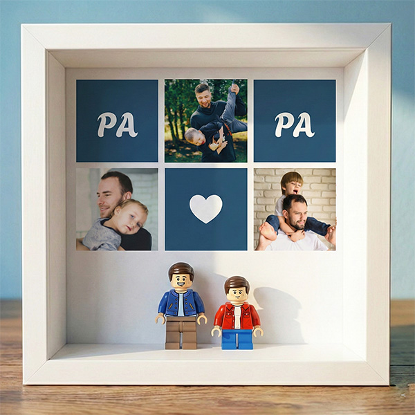 Cadre avec minifigurines type Lego Papa avec Cœur et Photos Personnalisées