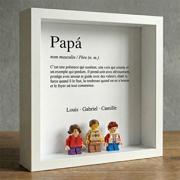 Cadre avec minifigurines type Lego Définition de Papa et Prénoms Personnalisés