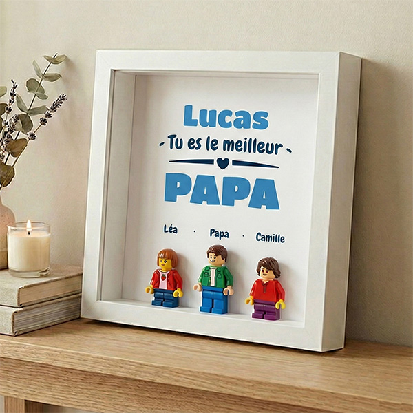 Cadre avec minifigurines type Lego Tu es le Meilleur Papa et Prénoms Personnalisés