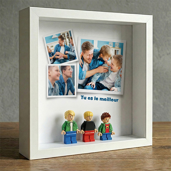 Cadre avec minifigurines type Lego, Photos Polaroid et Texte Personnalisé