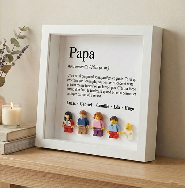 Cadre avec minifigurines type Lego Définition de Papa et Prénoms Personnalisés