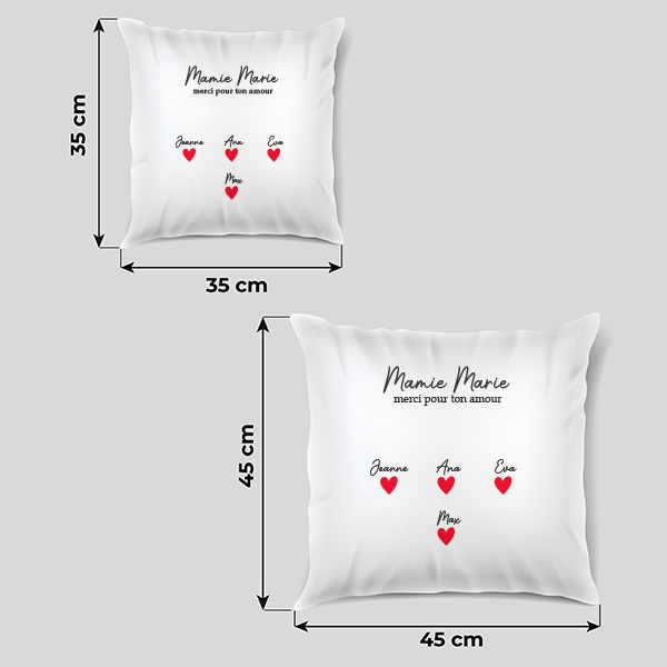 Coussin avec cœurs, textes et noms personnalisés