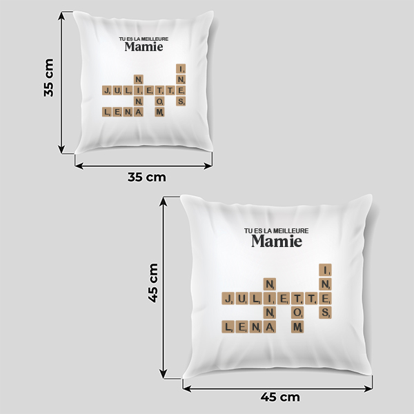 Coussin design Scrabble avec texte et prénoms personnalisés