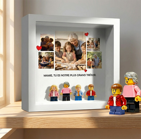 Cadre avec minifigurines type LEGO, 5 photos et texte personnalisé