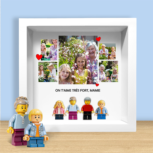 Cadre avec minifigurines type LEGO, 5 photos et texte personnalisé