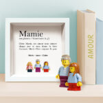 Vignette de Cadre avec minifigurines type LEGO, définition de Mamie, texte et prénoms personnalisés