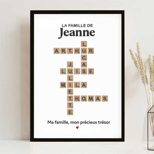 Affiche design Scrabble avec texte et prénoms personnalisés