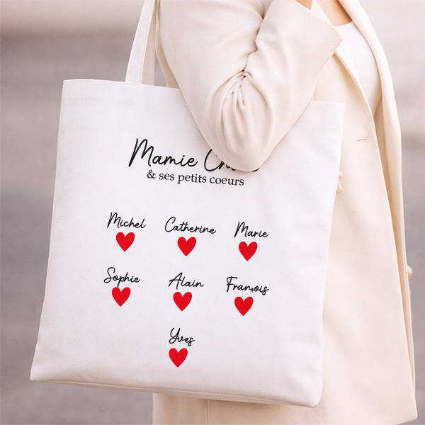 Tote bag avec cœurs et prénoms personnalisés