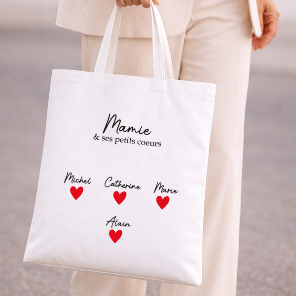 Tote bag avec cœurs et prénoms personnalisés