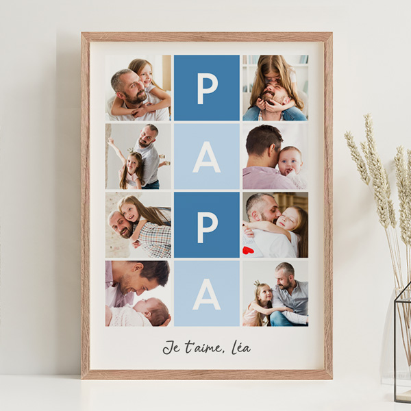 Poster Papa en Carrés Bleus avec Texte et Photos Personnalisées