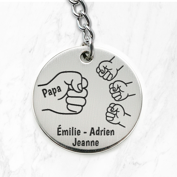Porte-clés Rond Papa avec Design de Poings et Prénoms personnalisés