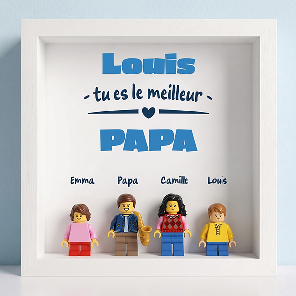 Cadre avec minifigurines type Lego Tu es le Meilleur Papa et Prénoms Personnalisés