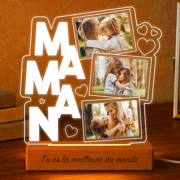 Lampe pour Maman avec Cœurs et Trois Photos personnalisées