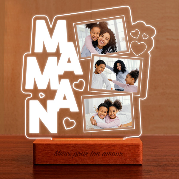Lampe pour Maman avec Cœurs et Trois Photos personnalisées