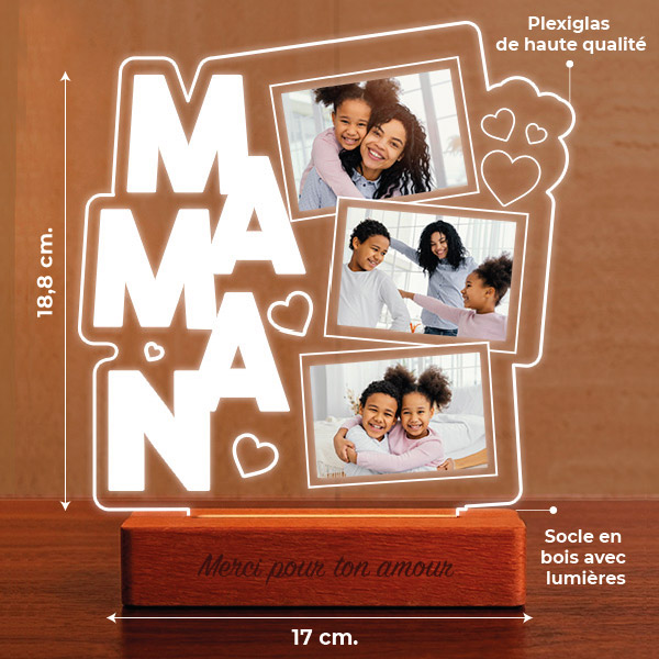 Lampe pour Maman avec Cœurs et Trois Photos personnalisées