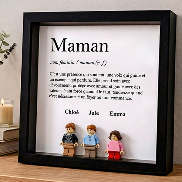 Cadre avec minifigurines Lego Définition de Maman et Prénoms personnalisés