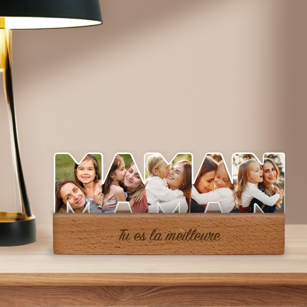 Plaque Maman avec Base en Bois et Photo personnalisée