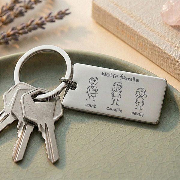 Porte-clés en acier au design familial avec petits personnages personnalisés