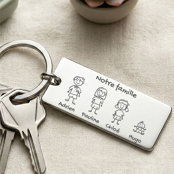 Porte-clés en acier au design familial avec petits personnages personnalisés