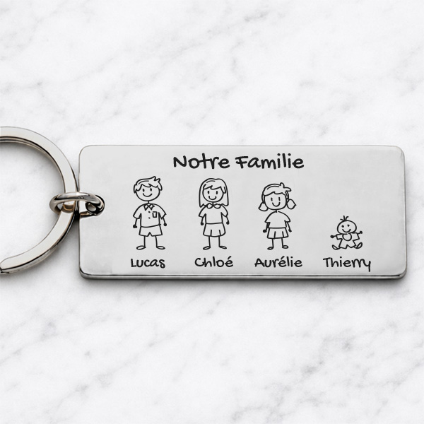Porte-clés en acier au design familial avec petits personnages personnalisés