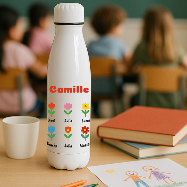 Bouteille Fleurs avec Prénoms et Texte personnalisée