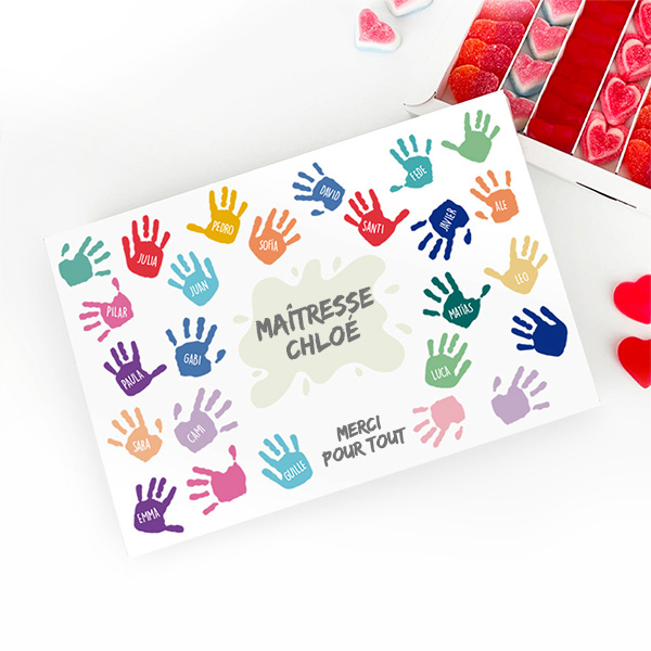 Boîte de Bonbons Mains Colorées avec Prénoms et Texte personnalisée