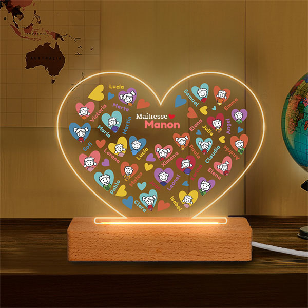 Lampe Cœurs Petits Personnages avec Prénoms et Texte personnalisée