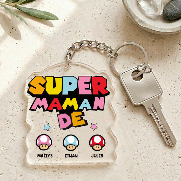 Porte-clés Super Maman avec Prénoms Personnalisés