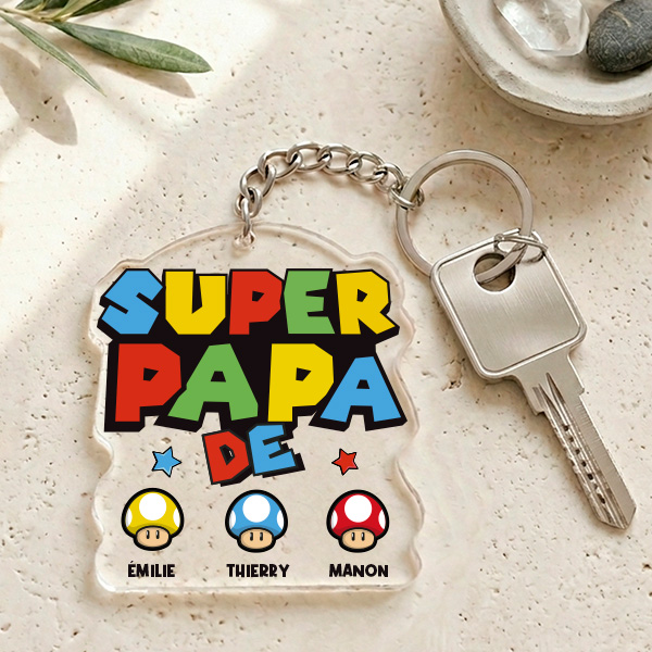 Porte-clés Super Papa avec Prénoms Personnalisés