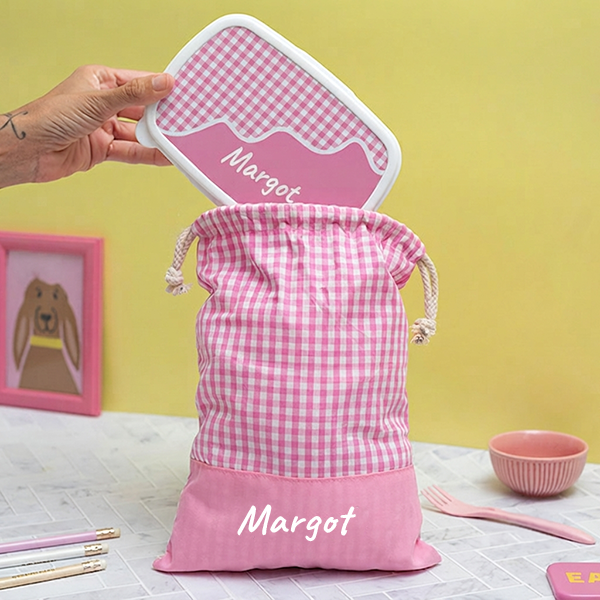 Sac à Goûter Enfant Carreaux Roses personnalisé