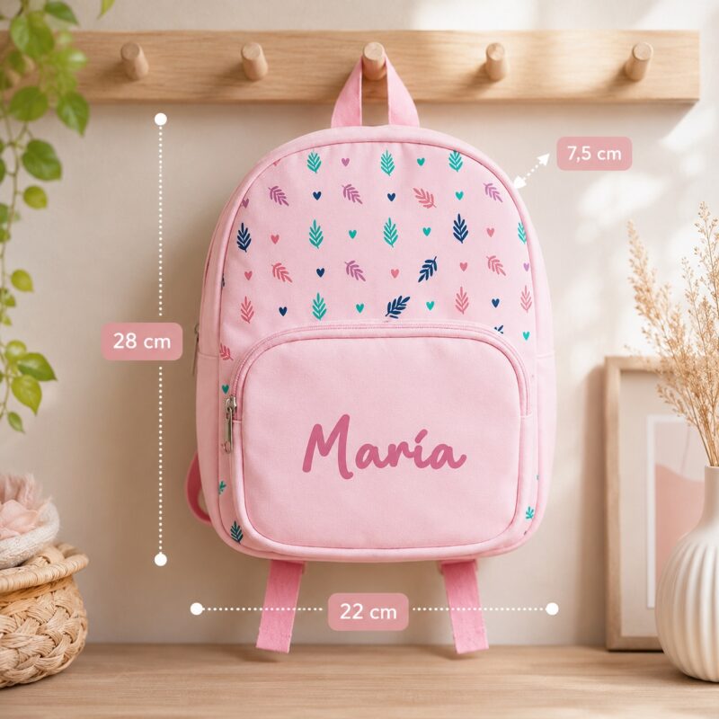 Sac à dos enfant rose avec feuilles et prénom personnalisé