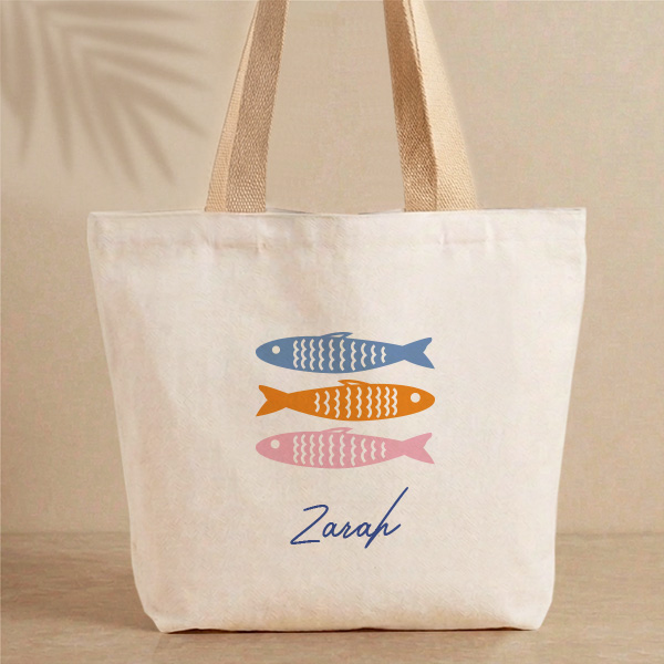 Tote Bag Poissons Colorés avec Prénom Personnalisé