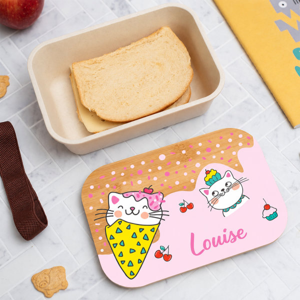 Boîte à Repas Enfant Petits Chats personnalisée avec Couvercle en Bambou