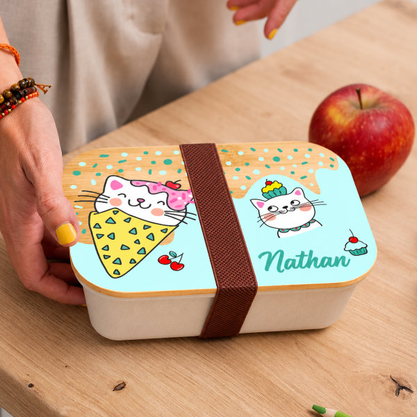 Boîte à Repas Enfant Petits Chats personnalisée avec Couvercle en Bambou