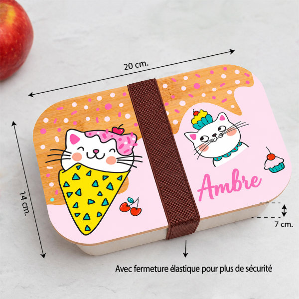 Boîte à Repas Enfant Petits Chats personnalisée avec Couvercle en Bambou
